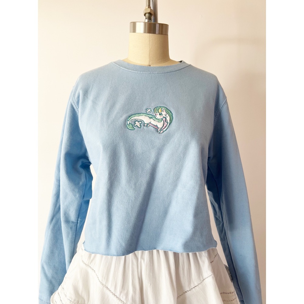 Haku Spirited‎ Away Anime Dragon Embroidered Cropped Sweatshirt Light Blue Small - Picture 2 of 8